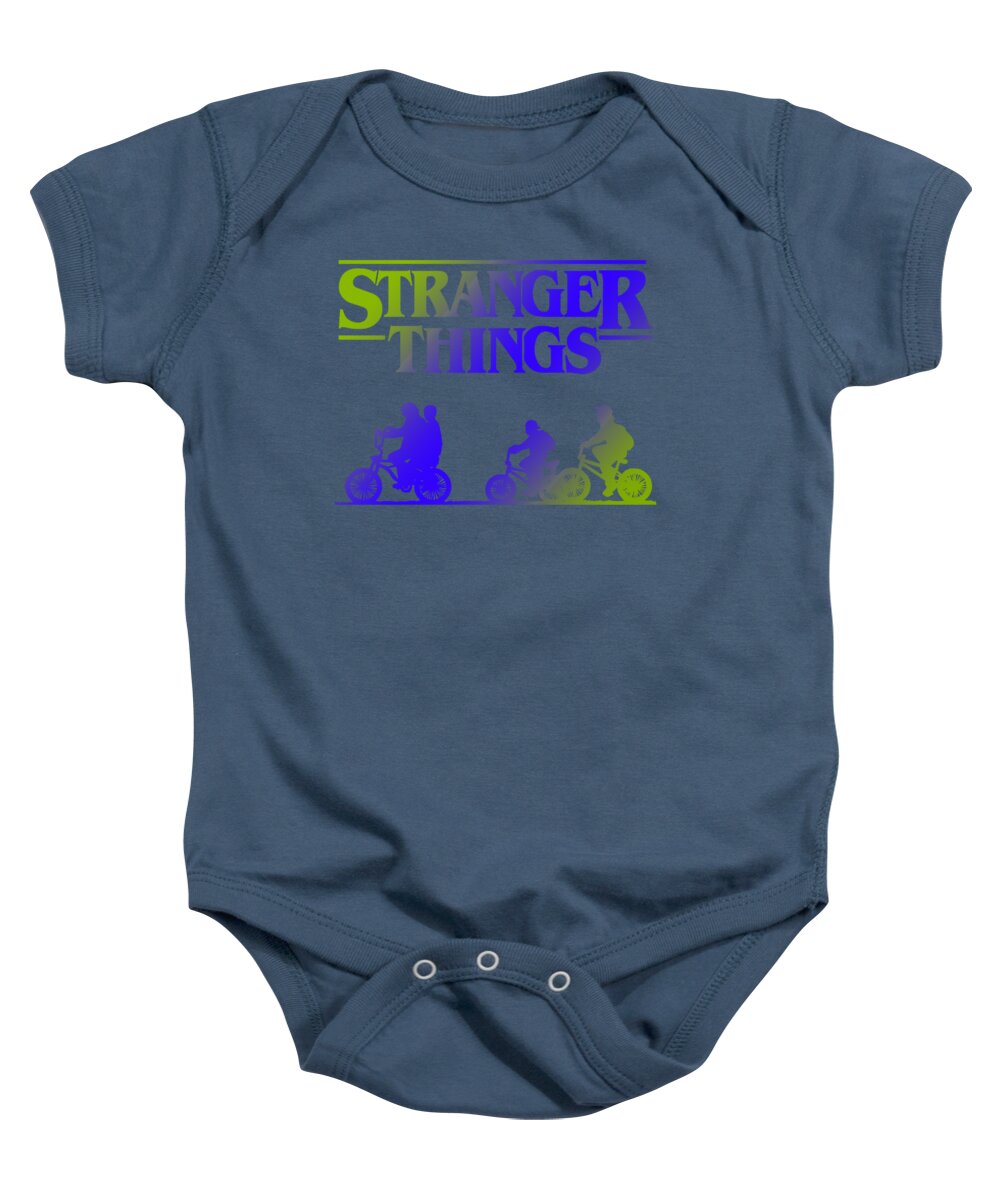 Navy baby onesie with Stranger Things graphic and snap-button bottom.