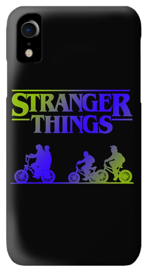 Black phone case with Stranger Things logo and colorful riders on bikes graphic