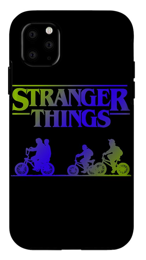 Black phone case with Stranger Things text, neon band, and bike rider silhouettes; multi-lens camera