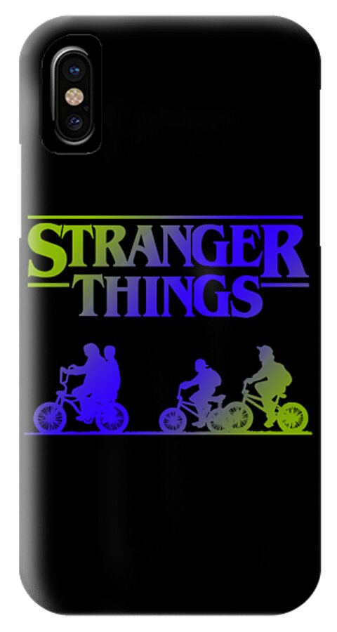 Black phone case with Stranger Things logo across the center and bike silhouettes
