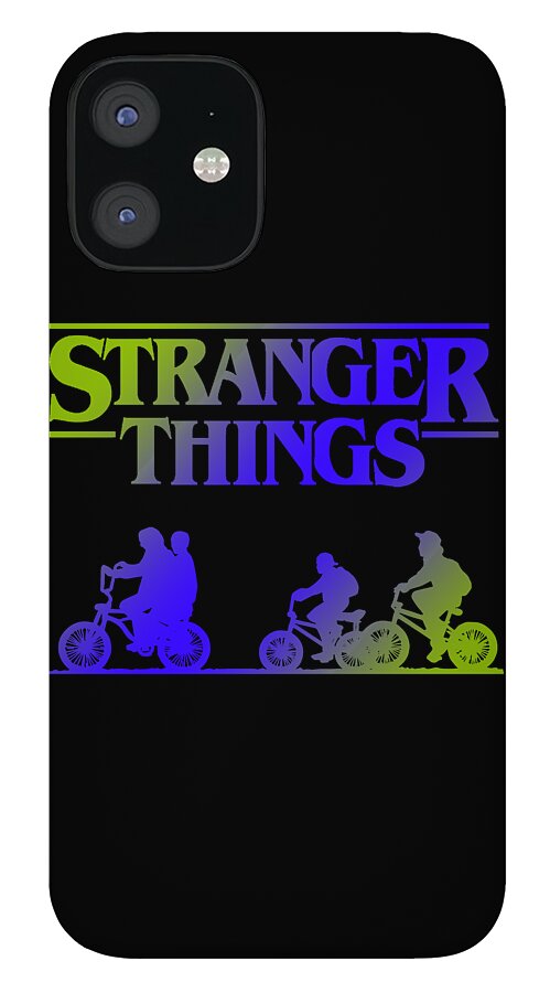 Black phone case with Stranger Things logo and colorful scooter rider silhouettes strip