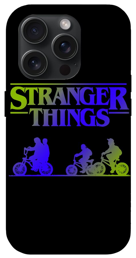 Stranger Kids black phone case with “STRANGER THINGS” text and multicolor bike rider silhouettes