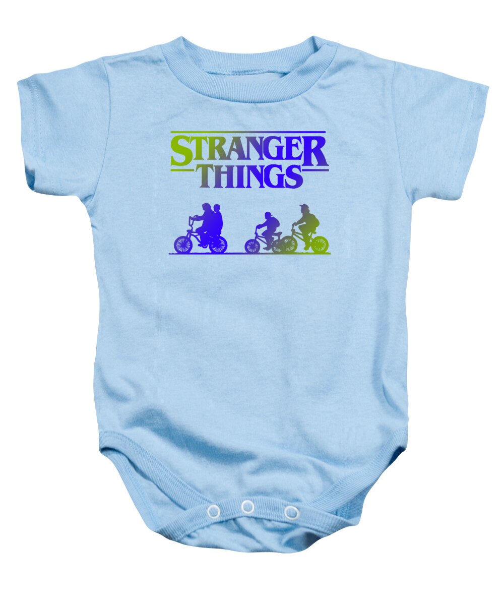 Light blue baby onesie with Stranger Things graphic and snap-button bottom.