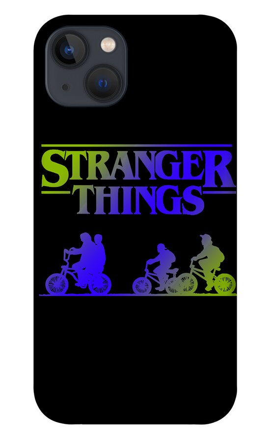 Black phone case with Stranger Things logo strip and four multicolor scooter riders