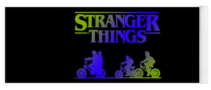 Kids yoga mat with Stranger Things graphic in green, purple, and blue on black