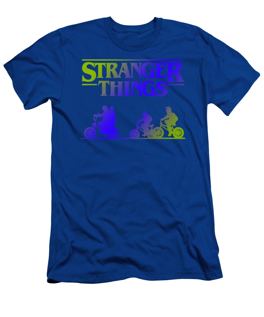 Royal blue kids T-shirt with Stranger Things graphic of three bikes and riders
