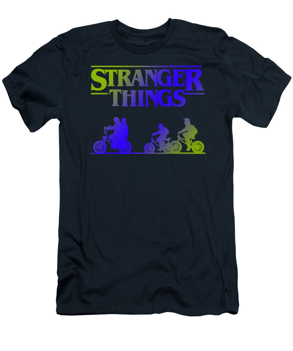 Navy kids T-shirt with Stranger Things graphic of three bikes and riders