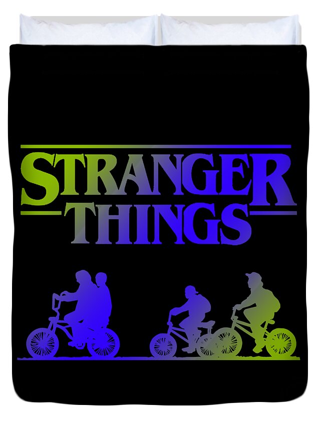 Kids duvet cover, black with Stranger Things title and colored rider-and-bike silhouettes