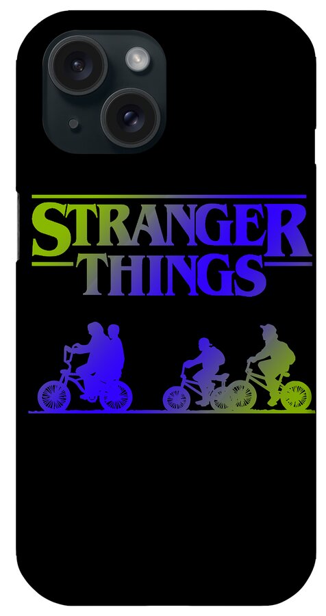 Stranger Kids black phone case with “STRANGER THINGS” text and bike rider silhouettes along stripe