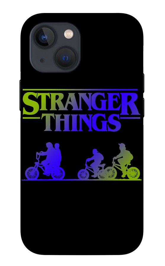 Phone case in black with Stranger Things logo and multicolor scooter rider silhouettes