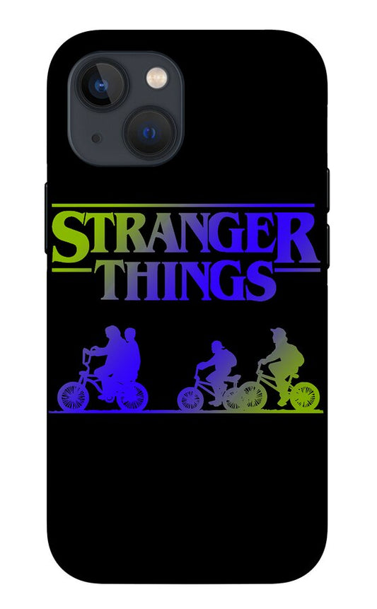 Phone case in black with Stranger Things logo and multicolor scooter rider silhouettes