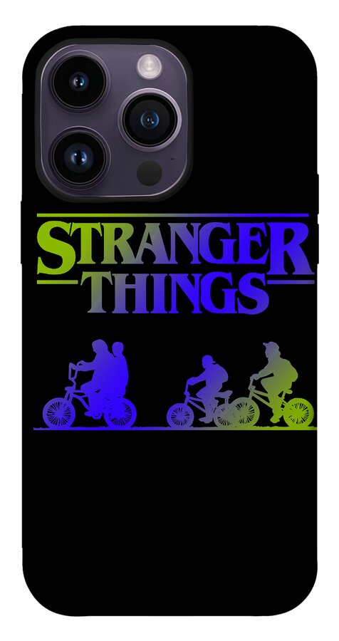 Black phone case with STRANGER THINGS title and riders on bikes; gray camera cluster
