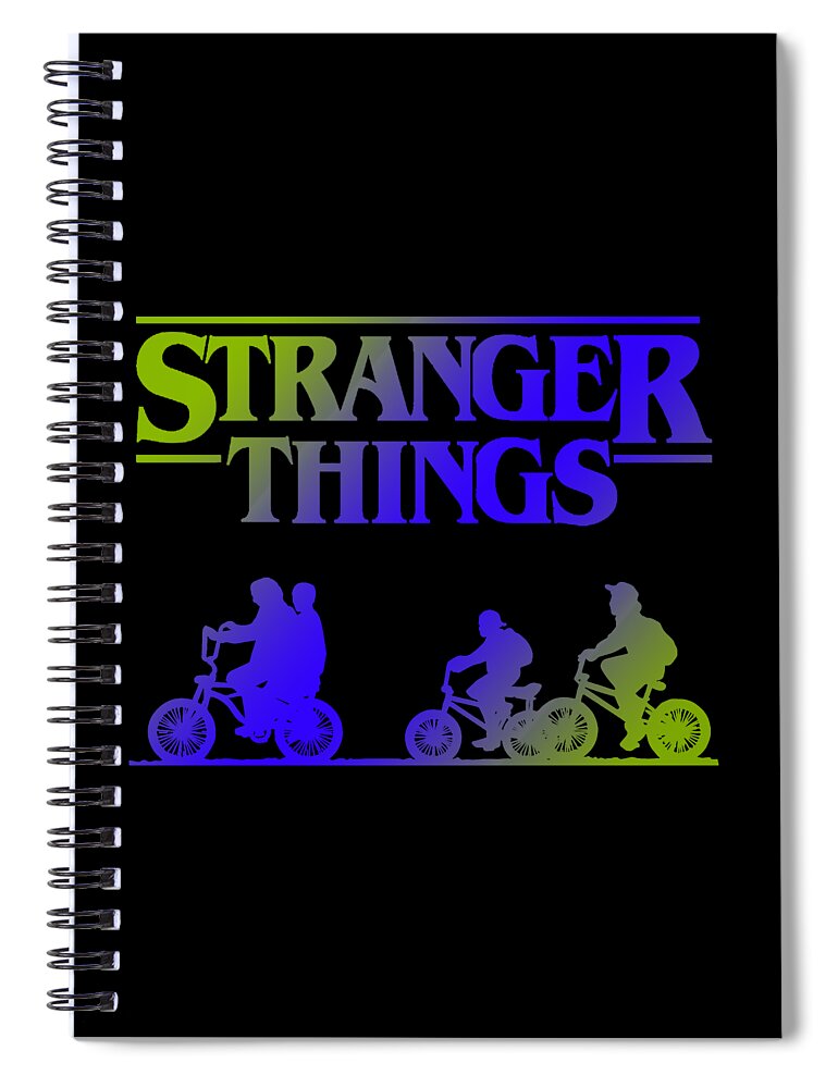 Black spiral notebook with Stranger Things title and colorful character silhouettes