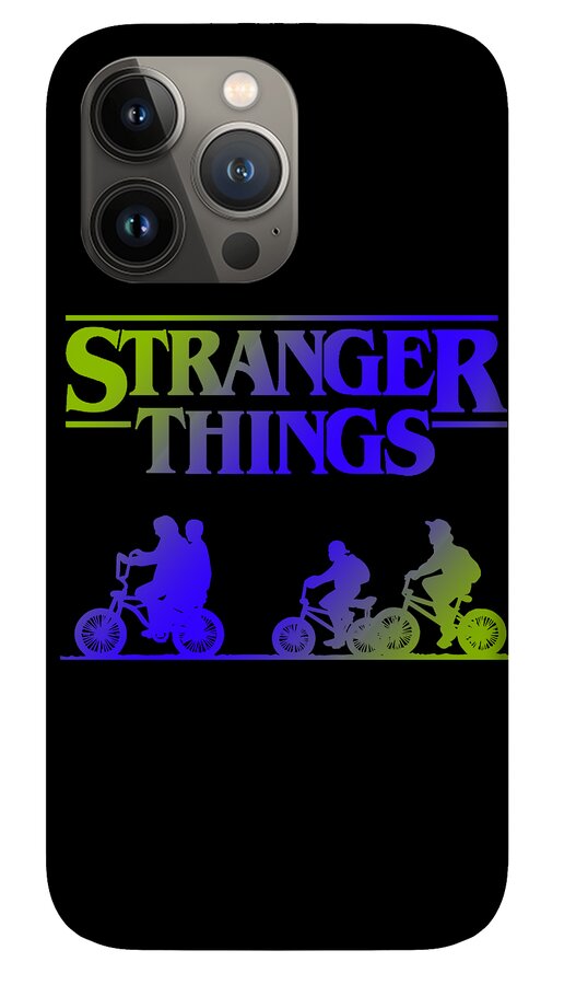 Black phone case with Stranger Things text and four multicolor scooter rider graphics