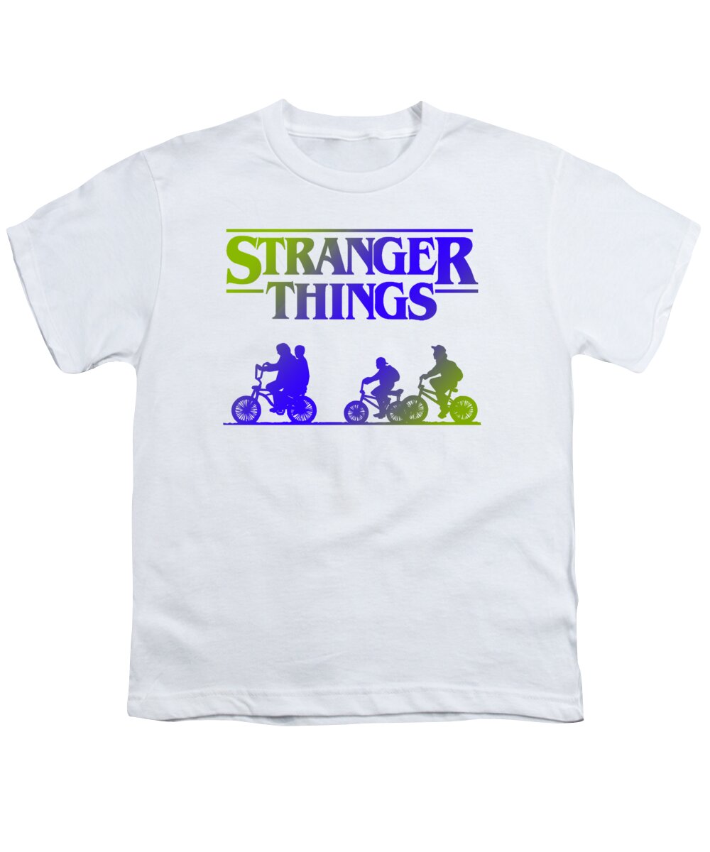 White youth T-shirt with Stranger Things graphic on the front