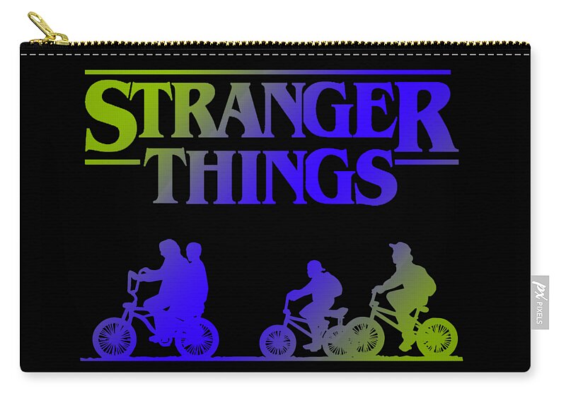 Black zip pouch with gold zipper pull and Stranger Things graphic silhouettes on bikes