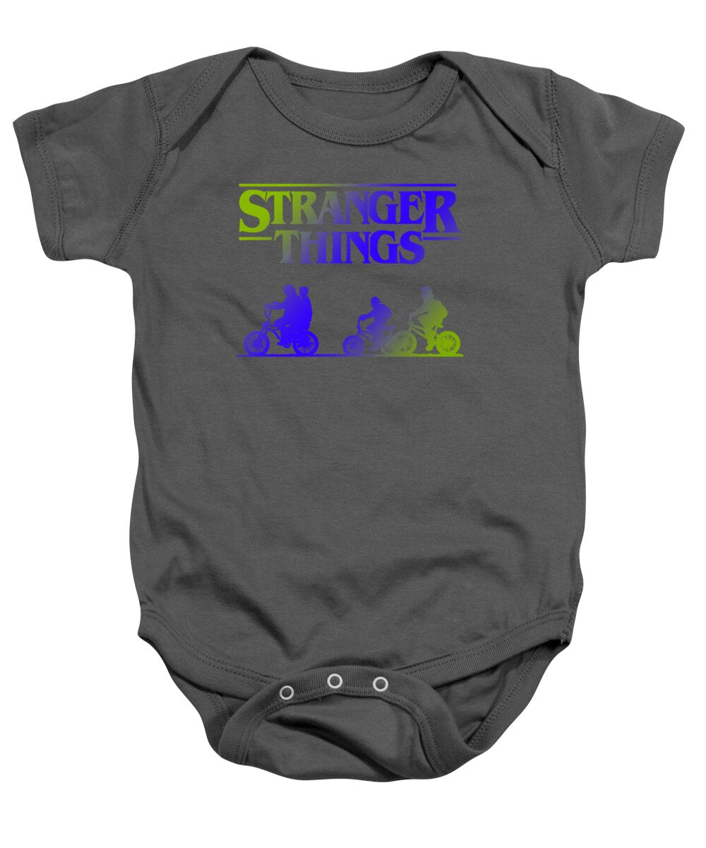 Charcoal baby onesie with Stranger Things graphic and snap-button bottom.