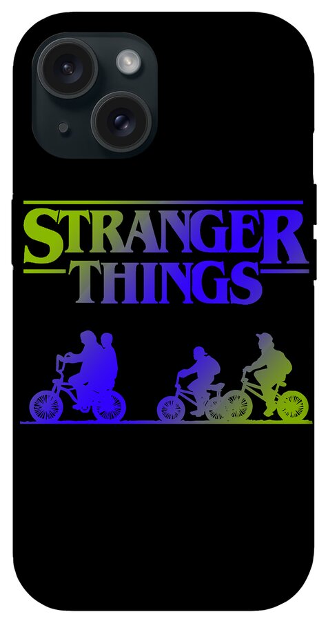 Stranger Kids phone case with “STRANGER THINGS” headline and blue and green bike riders