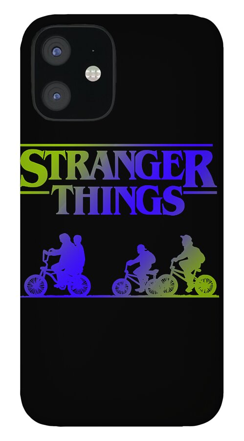 Black phone case featuring Stranger Things text and blue, purple, green scooter riders