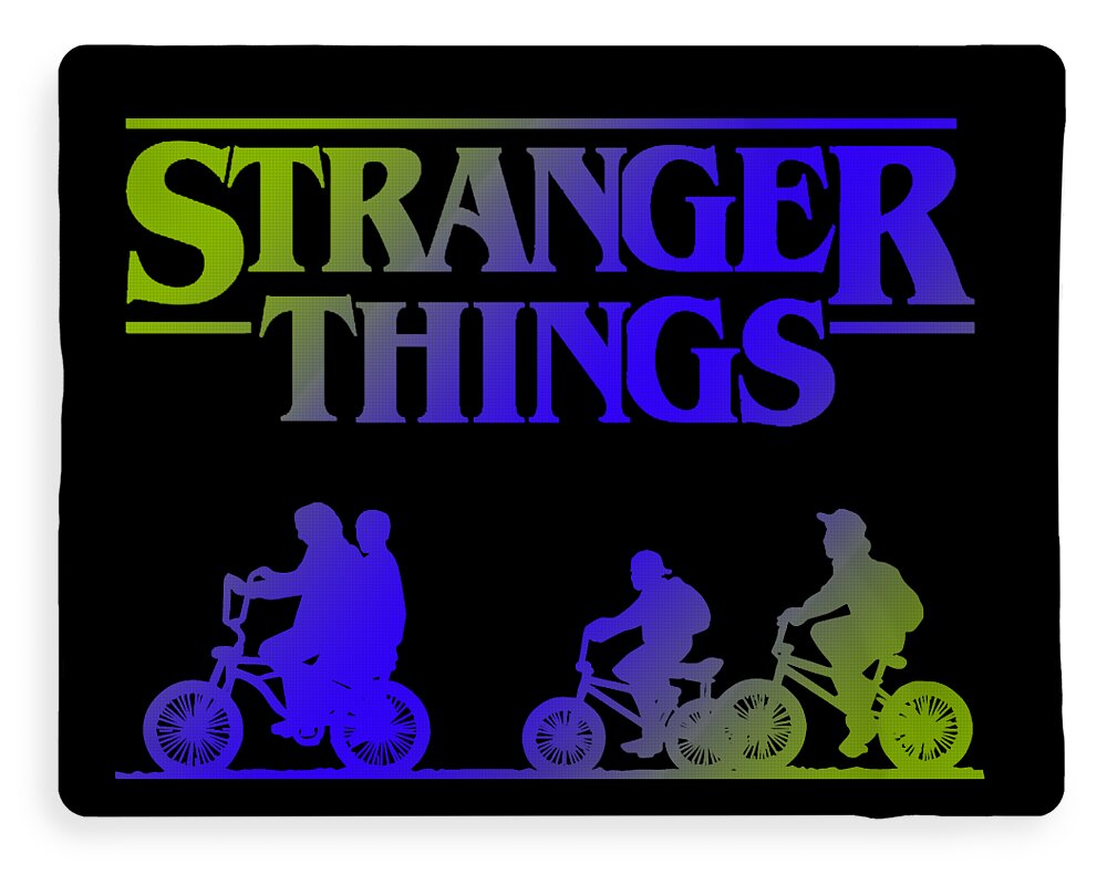 Kids blanket with neon Stranger Things logo and multicolor rider silhouettes on black