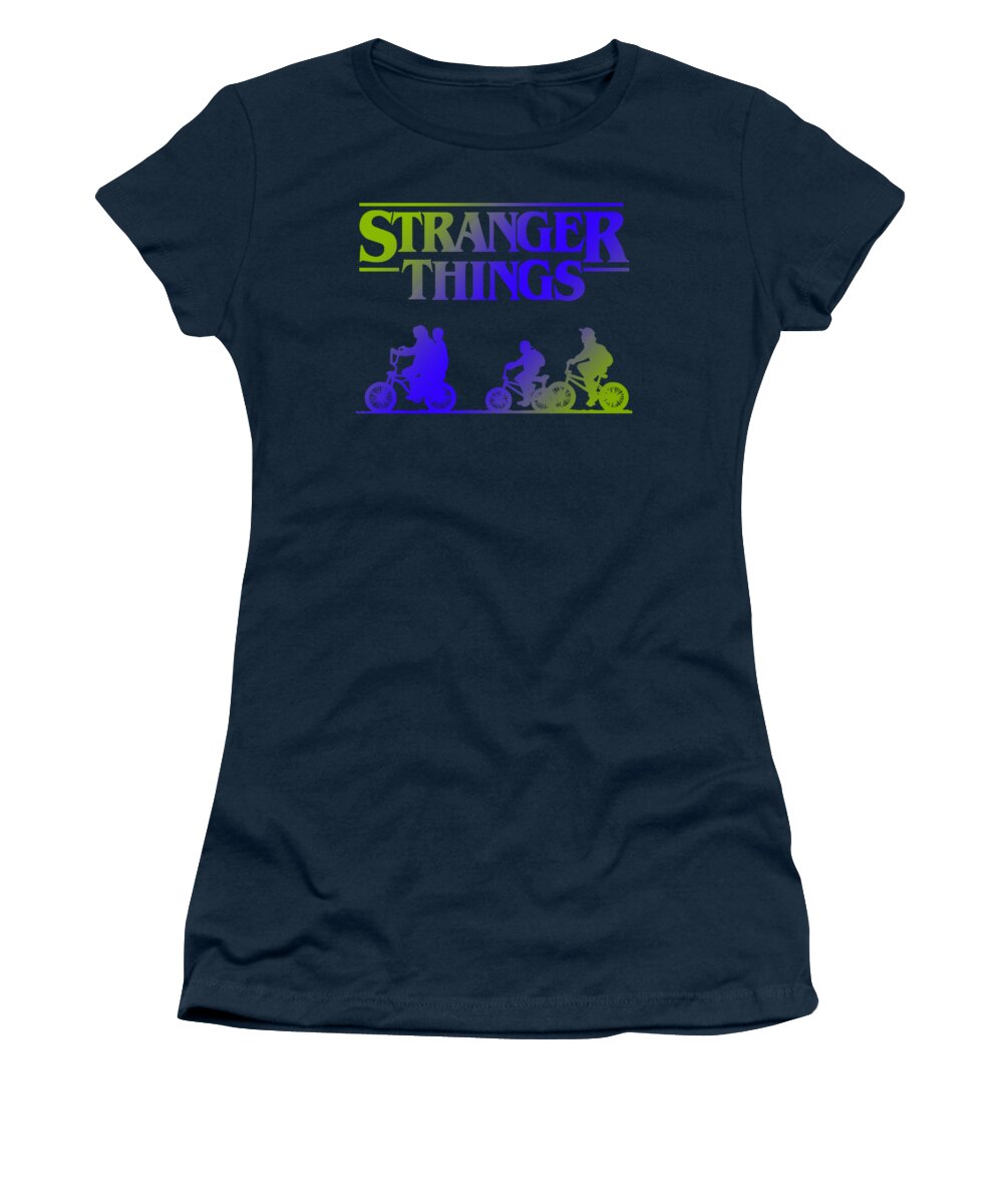 Navy women's t-shirt with Stranger Things logo and character graphic print