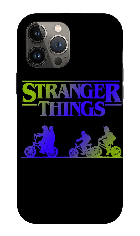Black phone case with Stranger Things lettering and blue, purple, green scooter riders