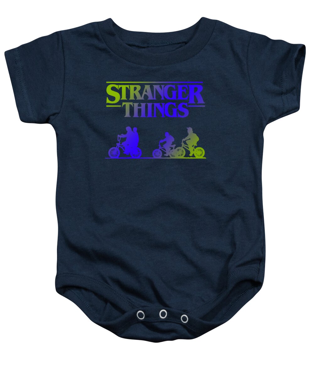 Dark navy baby onesie with Stranger Things graphic and snap-button bottom.