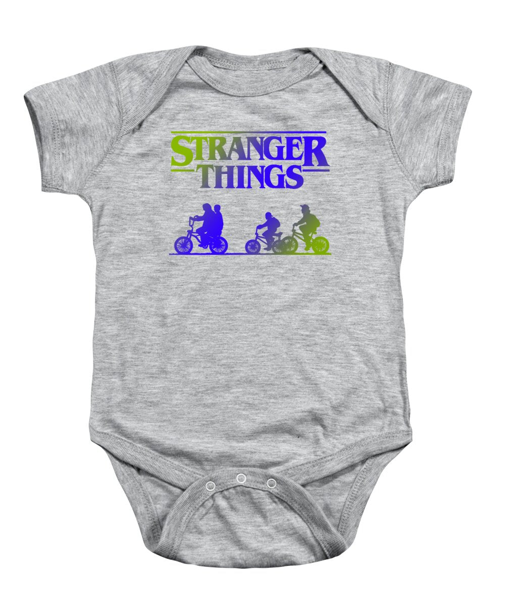 Light gray baby onesie with Stranger Things graphic and snap-button bottom.