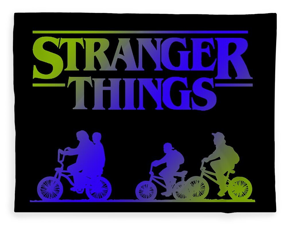 Kids blanket with neon Stranger Things logo and multicolor bike rider silhouettes on black