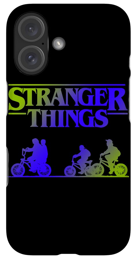 Black phone case with Stranger Things logo, dual camera lenses, and bike graphic