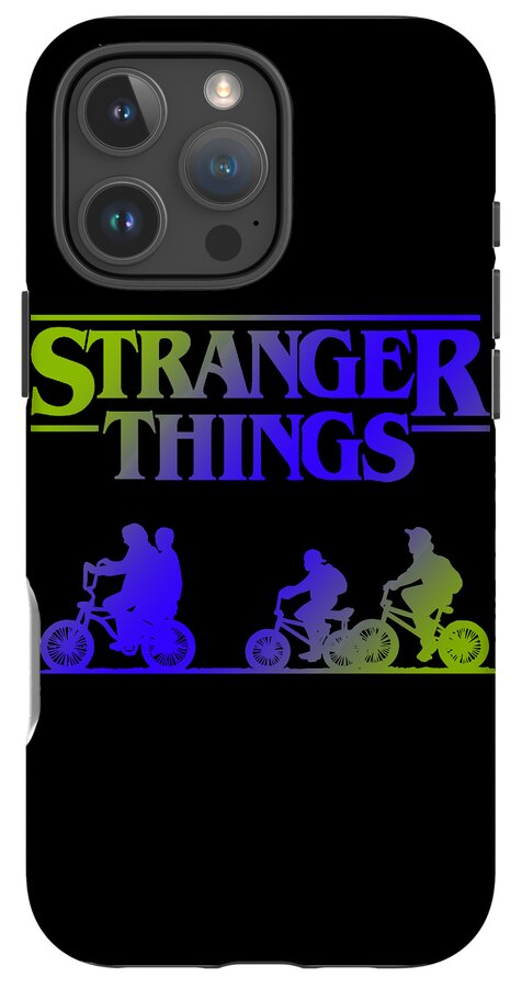 Stranger Kids phone case with “STRANGER THINGS” headline and purple/green bike rider silhouettes