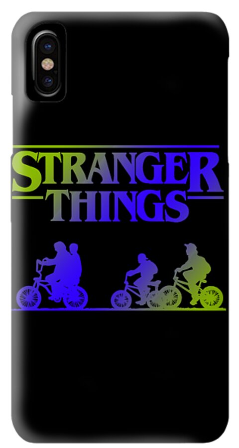Gray phone case with Stranger Things text, neon band, and bike rider silhouettes; multi-lens camera