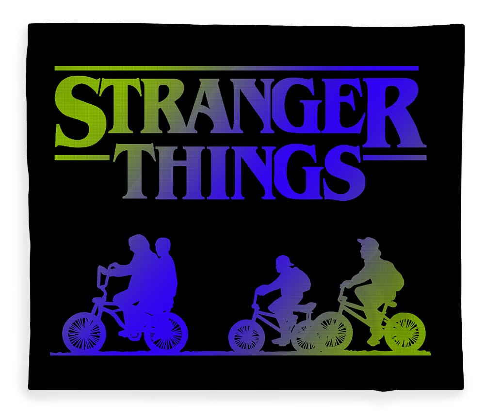 Kids blanket with black background and neon Stranger Things logo and bike rider silhouettes