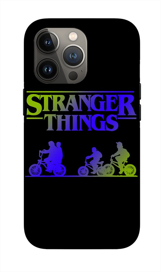 Black phone case with Stranger Things logo bar and three rider silhouettes on scooters