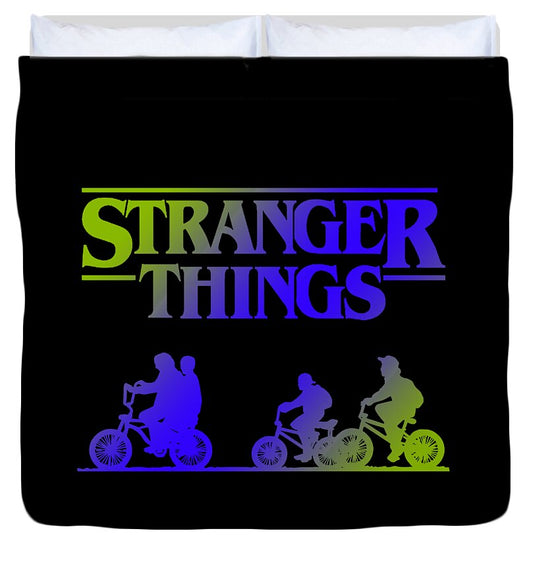Kids duvet cover, black with Stranger Things logo and multicolor rider-and-bike silhouettes