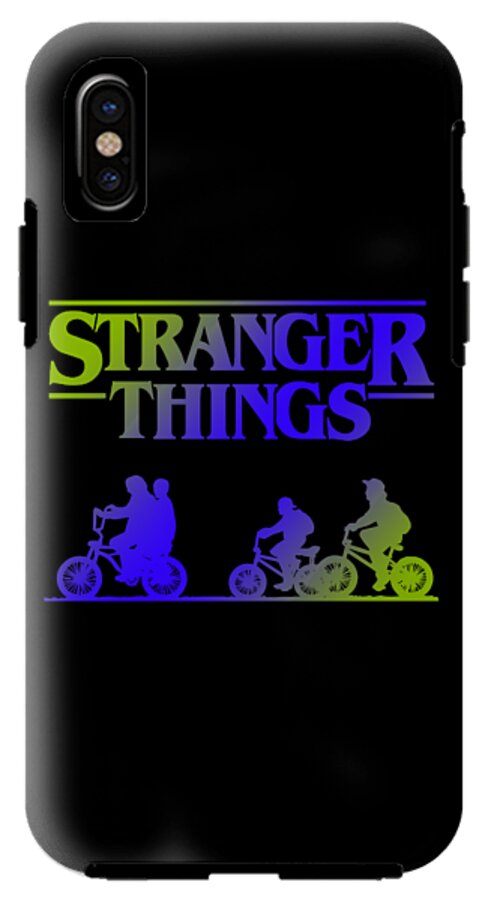 Black phone case featuring Stranger Things text and four bike-riding characters