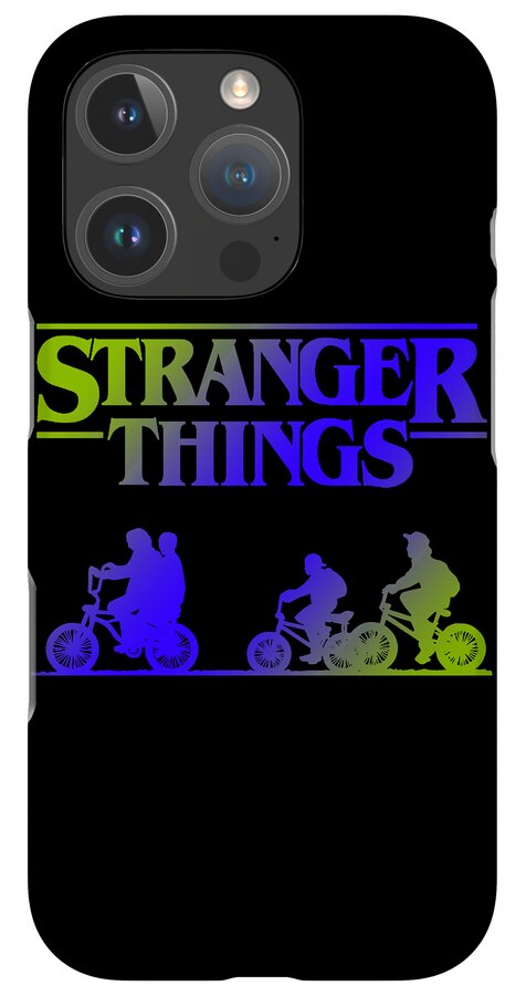 Black phone case with Stranger Things logo, triple camera cutouts, and bike character art