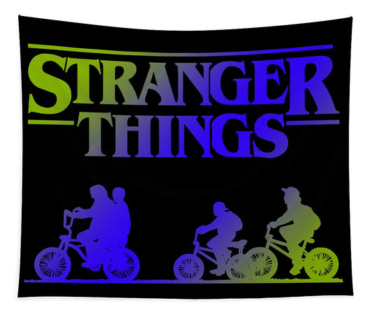 Black rectangular tapestry with Stranger Things logo and rainbow character silhouettes