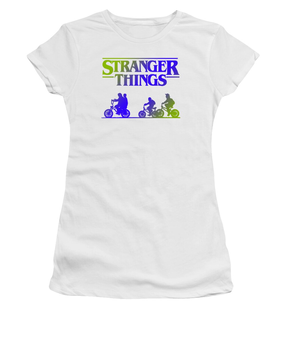 White women's t-shirt with Stranger Things logo and character graphic print