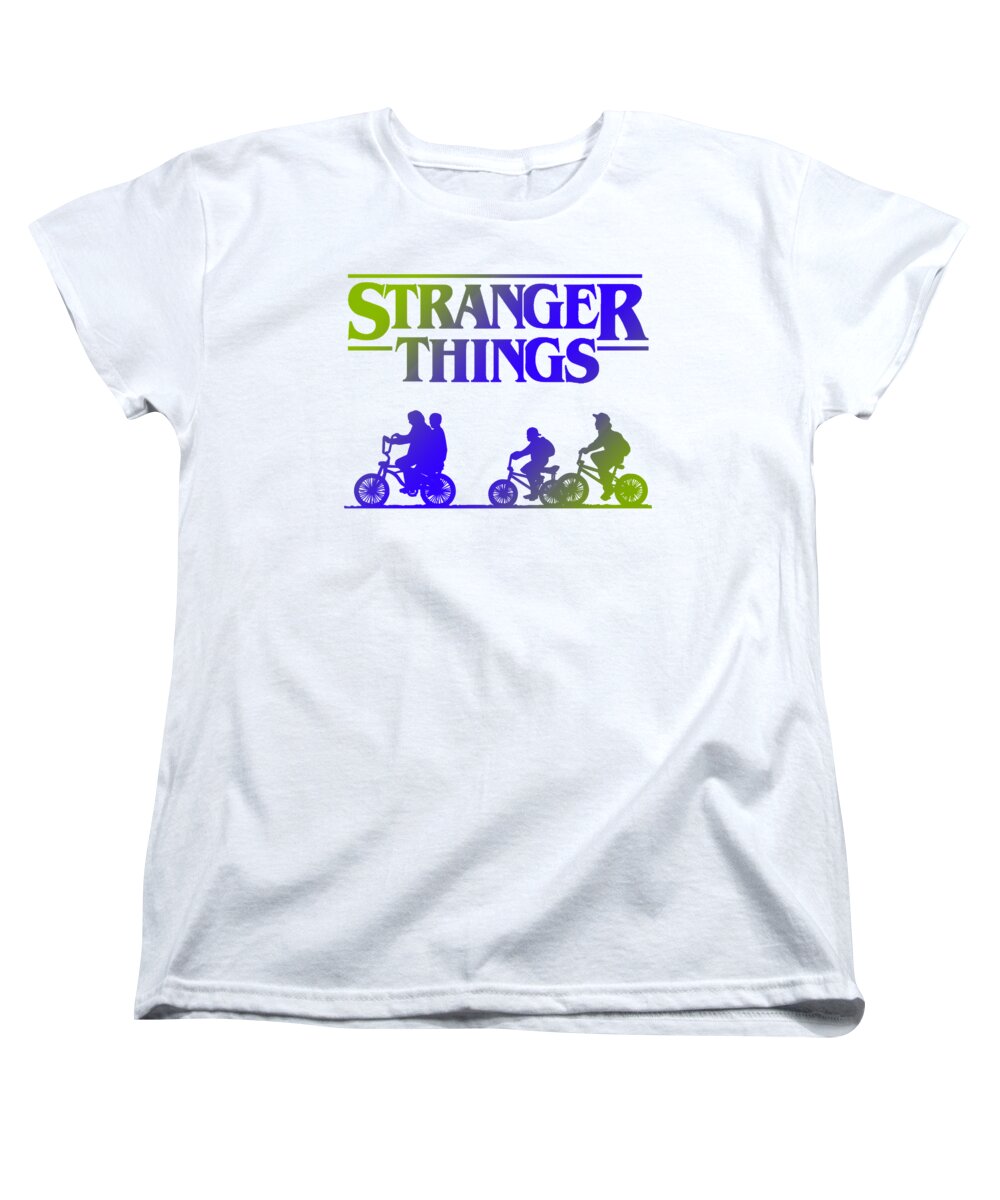 White women's t-shirt with Stranger Things front graphic, crew neck, short sleeves