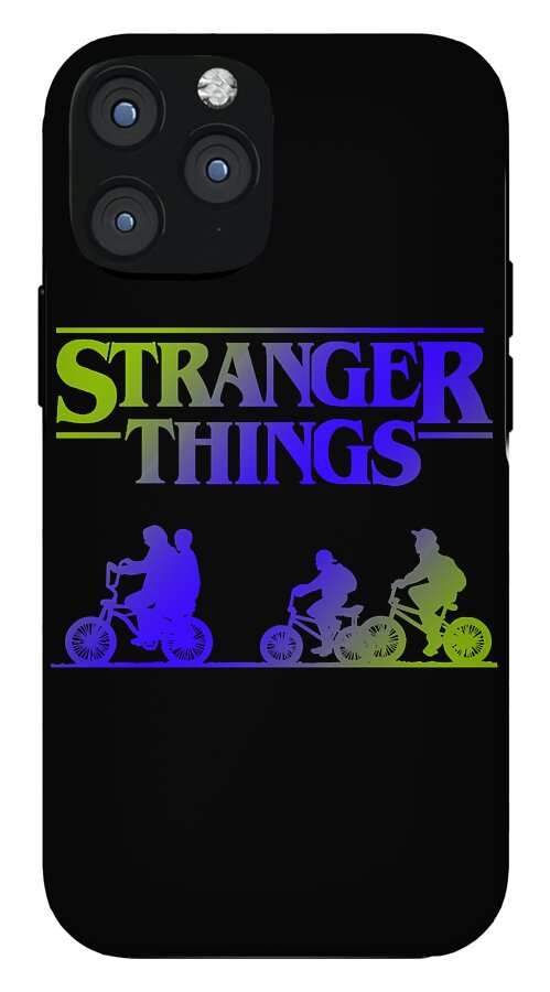 Black phone case with Stranger Things text, neon band, and bike rider silhouettes; multi-lens camera