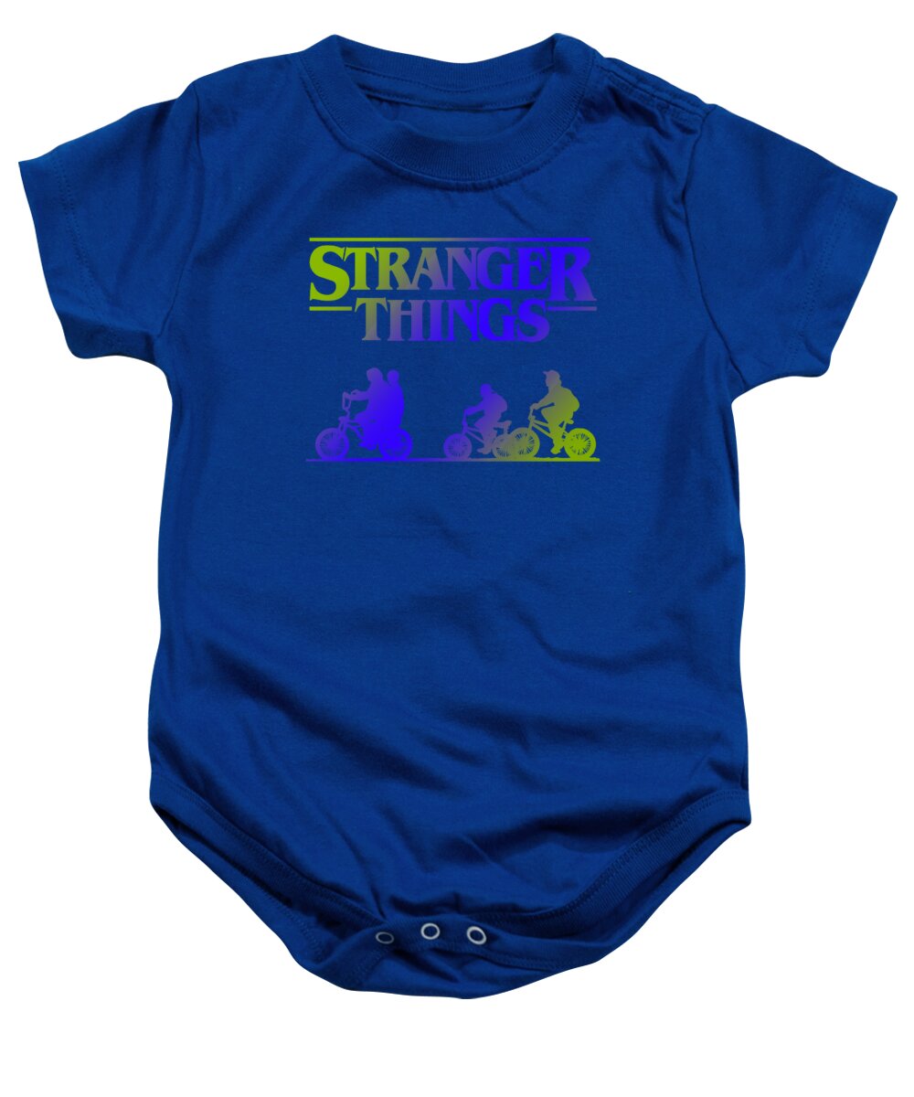 Blue baby onesie, short sleeves, front 'Stranger Things' graphic