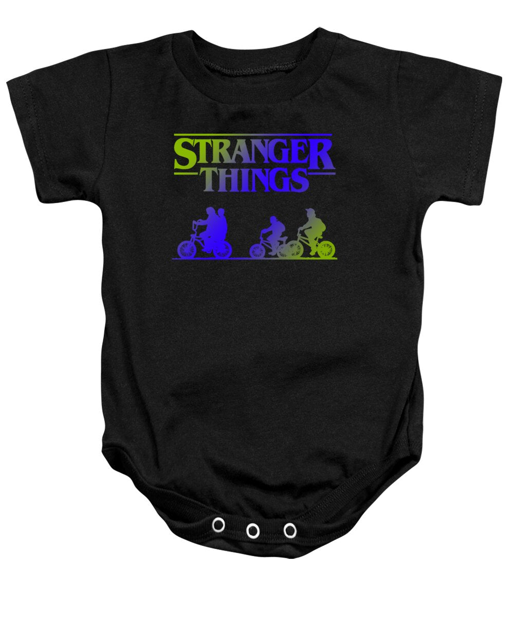 Black baby onesie with Stranger Things graphic and snap-button bottom.