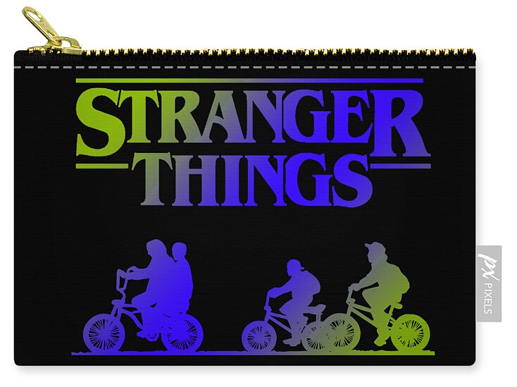 Black zip pouch with gold zipper pull and Stranger Things logo with character bikes