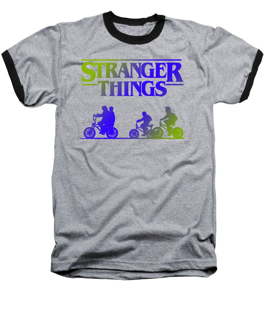 Kids baseball T-shirt, heather gray with black trim and Stranger Things graphic
