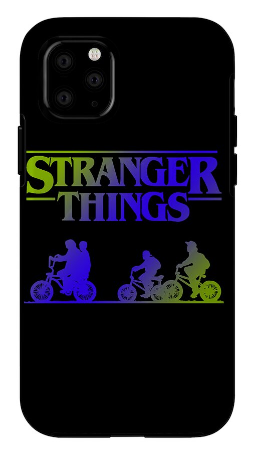 Black phone case with Stranger Things text, neon band, and bike rider silhouettes; four-lens camera