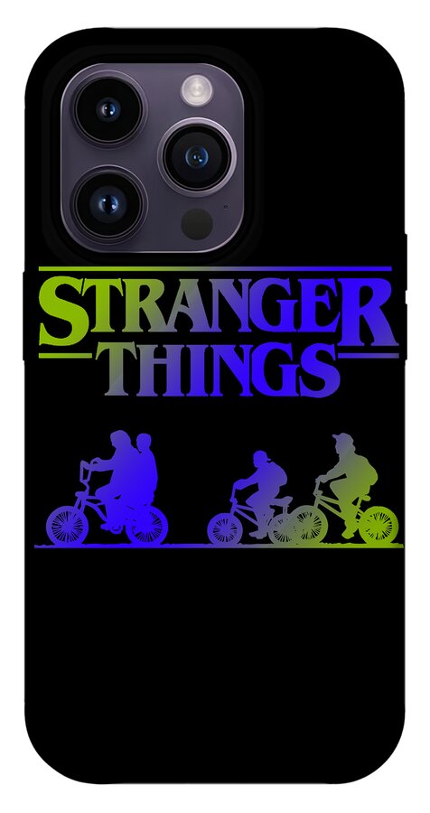 Black phone case with STRANGER THINGS title and biker silhouettes; gray triple camera