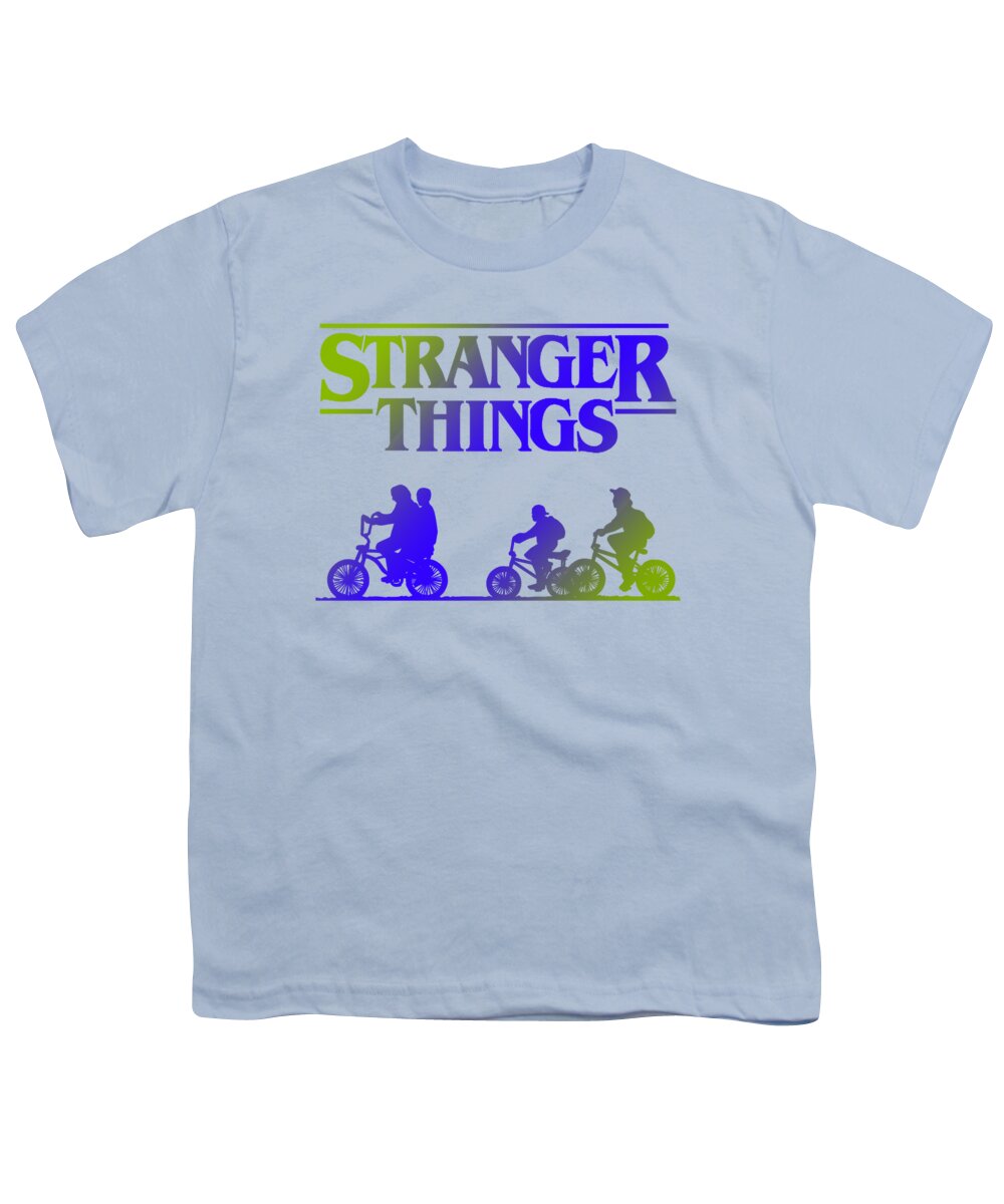 Light blue youth T-shirt with Stranger Things graphic on the front