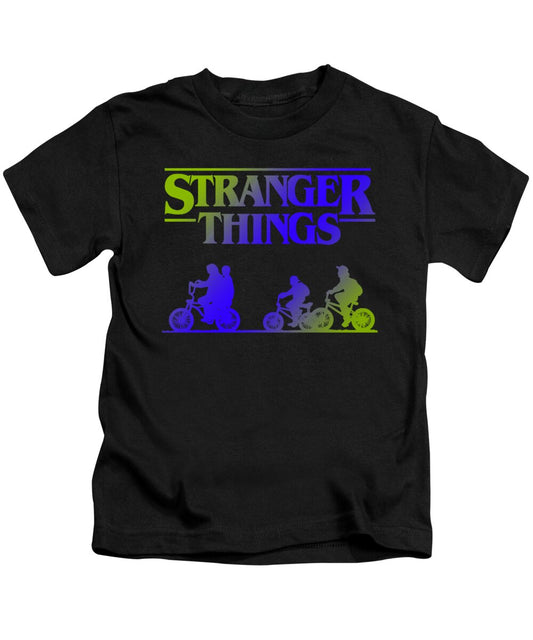 Kids black T-shirt with Stranger Things graphic and colorful cyclists on front