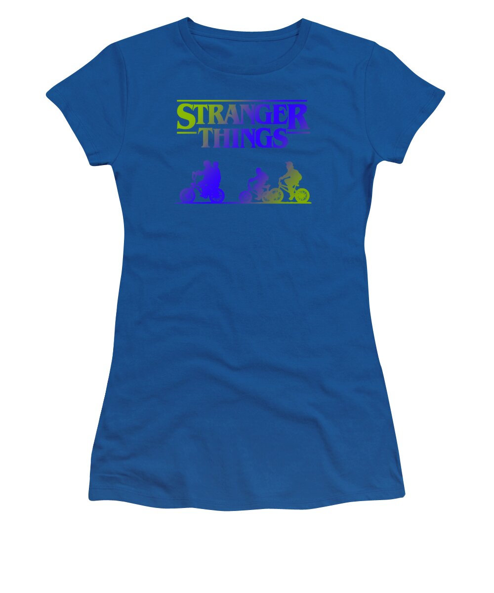 Royal blue women's t-shirt with Stranger Things logo and character graphic print